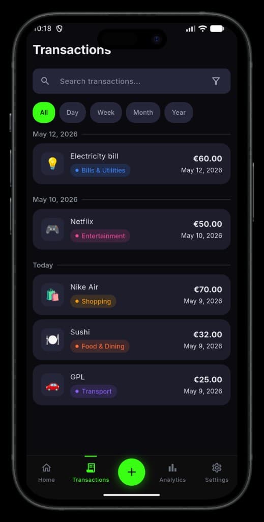 MoneyMan transactions list with search and filters